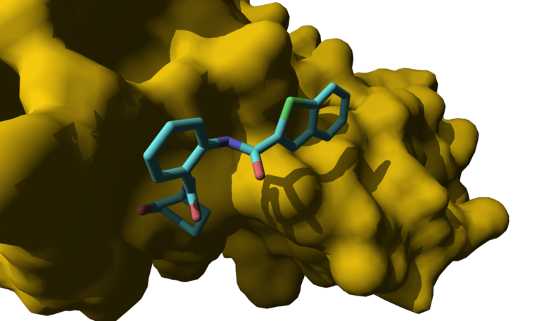 La molécule bleue, repérée par criblage informatique parmi 3 millions de composés, présente un effet anxiolytique, antidépresseur et analgésique remarquable chez la souris et ouvre ainsi de nouvelles perspectives thérapeutiques. © Laboratoire d'innovation