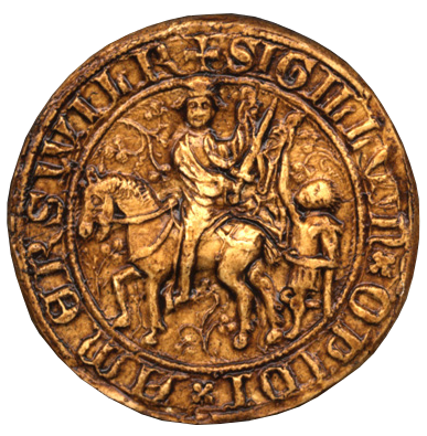 Le sceau de la ville d'Ammerschwihr, de 1390, représente Saint Martin découpant son manteau pour un mendiant amputé et marchant avec une béquille. (© Archives départementales du Haut-Rhin)
